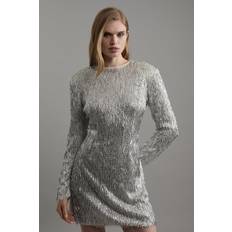 Sequins - Short Dresses Karen Millen Sequin Strong Shoulder Cut Out Back Woven Mini Dress - Silver