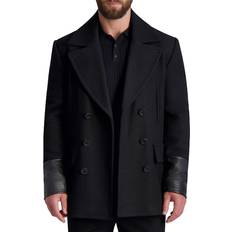 Rayon Cappotti Faux Leather Trimmed Double Breasted Peacoat - Black