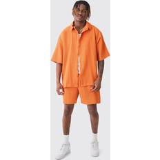 Oranssi Pyjamat boohooMAN Oversized Short Sleeve Pleated Shirt and Short Set - Sunset