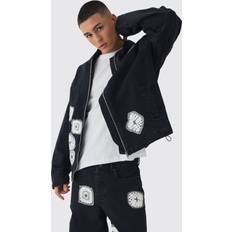 Denim/Jeansstof - Sort Sweatere boohooMAN Relaxed Denim Zip Through Crochet Hoodie - Washed Black