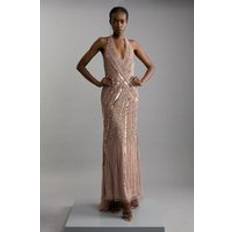 Rose Gold - Women Clothing Karen Millen Metallic Embellished Beaded Halter Maxi Dress - Pink