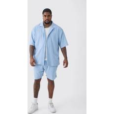 Mies - Polyesteri Pyjamat boohooMAN Plus Waffle Short Sleeve Shirt And Short Set - Light Blue