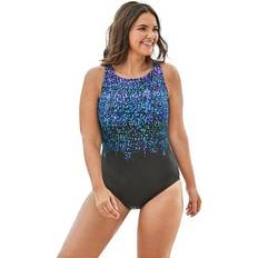 Plus Size Women's High-Neck One Piece Swimsuit - Black Confetti