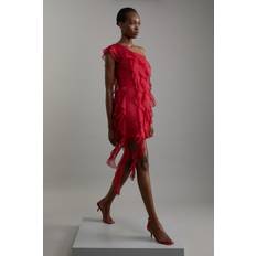 Karen Millen Premium Georgette Panelled Ruffle Detail Woven Midi Dress - Dark Red
