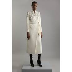 Viscose Coats Karen Millen Wool Blend Crystal Notch Neck Belted Midaxi Coat - Ivory