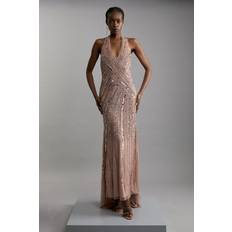 Dresses on sale Karen Millen Metallic Embellished Beaded Halter Maxi Dress - Rose Gold