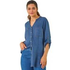 Denim Blouses Roman V-Neck Longline Button Detail Blouse - Denim Blue