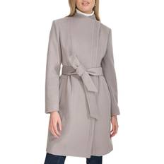 Rayon - Women Coats Cole Haan Double Breast Wool Blend Coat - Fog - Beige