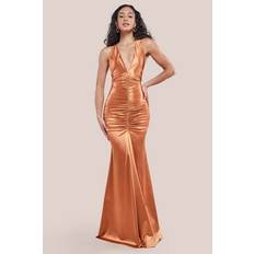 Bronze - Women Clothing Goddiva Multi-Tied Satin Gathered Ring Maxi Dress - Bronze
