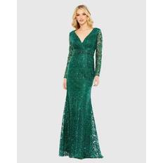 Mac Duggal Clothing Mac Duggal Embellished Wrap Over Long Sleeve Gown - Emerald