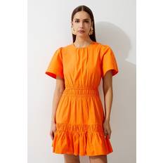 Orange - Short Dresses Karen Millen Cotton Woven Shirred Short Sleeve Mini Dress - Orange