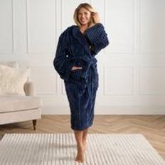 Blue - Woman Robes OHS Ribbed Fleece Dressing Gown - Navy