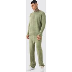 Vihreä Puvut boohooMAN Mens Sage Tall Boucle Knit Sweat and Trouser Set - Sage