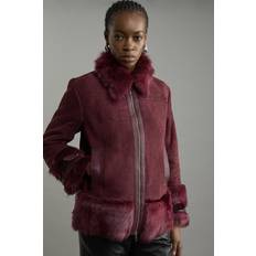 Shearling Coats Karen Millen Shearling Buckle Detail Zip Through Coat - Red