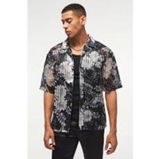 Verkko Paidat boohooMAN Oversized Mesh Pleated Printed Revere Shirt - Black