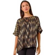 Women T-shirts Roman Foil Print Button Detail Oversized Tee - Black