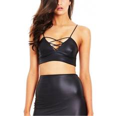 Trendy Women PU Leather Bandage Deep V Bralette Crop Top - Black