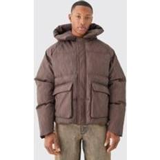 Jassen boohooMAN Oversized Boxy Washed Pu Hooded Puffer Coat - Brown