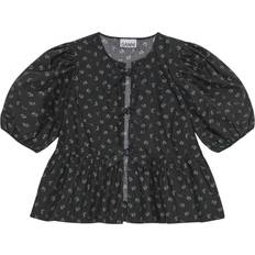 Puff Sleeve Blouses Ganni Ditsy-Print Organic Cotton Peplum Blouse - Black