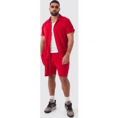 5XL Yöasut Plus Flame Embroidered Towelling Shirt Set - Red