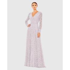 Mac Duggal Plus Size Light Purple Beaded Lace Long Sleeve Wrap Over Maxi Gown