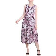 Midi Dresses - Purple NY Collection Petite Sleeveless Chiffon Belted Dress - Sage Mauve Floral