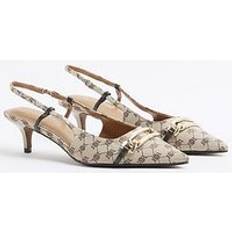 Beige - Women Heels & Pumps River Island Jacquard Monogram Kitten Heeled Shoes - Beige