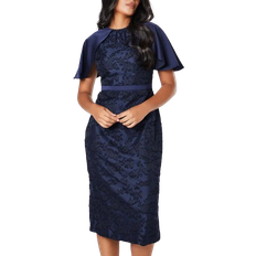 Midi Dresses - Round Wallis Petite Floral Cap Sleeve Pencil Dress - Navy