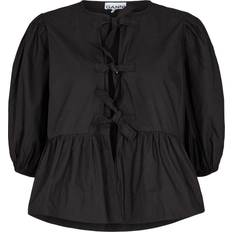 Ganni CottonPoplin Peplum Tie Blouse - Black