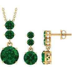 Gold - Women Jewelry Sets Rosec Jewels LLC, Three Stone Jewelry Set for Women Created Emerald Dangle Pendant and Earring Set 14K Yellow Gold