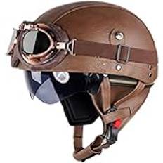 Chaoyang Retrohjälm, motorcykelhjälm, läderhjälm, Jethelme, vintage, mopedhjälm med glasögon, ECE-certifierad motorcykelkorsskoterhjälm tysk stil (brun (färg) L/59 cm)