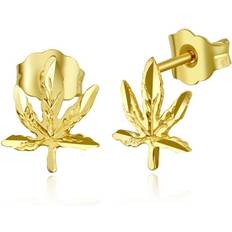 Gold - Unisex Earrings Wellingsale Ladies 14k Yellow Gold Polished Marijuana Stud Earrings (7 X 9mm)