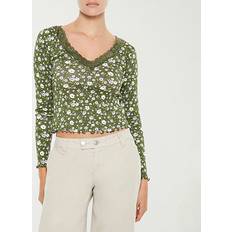 Forever 21 Women T-shirts Forever 21 V Neck Long Sleeve T-Shirt - Green