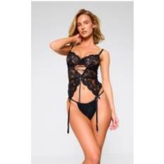 PrettyLittleThing Floral Lace Corset Lingerie Set - Black