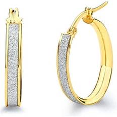 Unisex - White Gold Earrings Wellingsale Ladies 14k Two Tone Yellow and White Gold Polished 4mm Oval Sparkling Center Hoop Earrings (23 x mm)