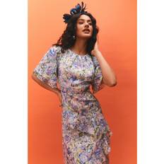 Oasis Occasion Floral Asymmetric Ruffle Jacquard Midi Dress - Blue