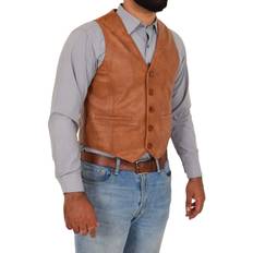 Leather Vests Fashion Full Leather Waistcoat Short Sleeveless - Tan