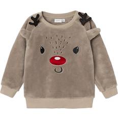 Brun Sweatshirts Børnetøj Name It Weatshirt - Teddy - Mørkebeige/Carminrød/Sort/Hvid