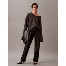Calvin Klein Knitted Sweaters - Women Calvin Klein Melange Wool V-Neck Sweater - Brown
