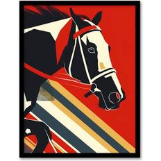 Red Framed Art ARTERY8 Racehorse Animal Racing Horse Bold Print W12 inch x H16 inch Framed Art