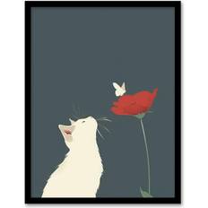 White Framed Art ARTERY8 White Kitten with Rose Butterfly Artwork A4 Framed Art