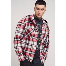 Punainen - Päällyspaita Takit boohooMAN Brushed Hooded Checked Overshirt - Red