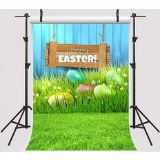 Photo Backgrounds Conbicy Carfox, Polyester Fabric 7x5ft Happy Easter Backdrop Colorful Eggs Photography Background Blue Wood Wall Grass Floor Photo Booth Backdrop