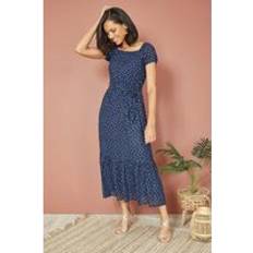 MELA Bardot Midi Dress - Navy Foil Print