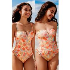 Orange Swimsuits Cupshe Ditsy Floral Print V-Wire Ruffled Swimsuit - Coral