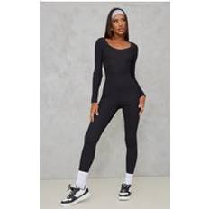 Ribbed Jumpsuits & Overalls PrettyLittleThing Ribbed Long Sleeve Scoop Neck Jumpsuit - Black