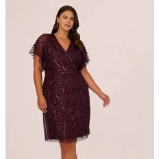 Morado - Vestido a la rodilla Vestidos Adrianna Papell Plus Size Beaded Surplice Midi Dress - Deep Amethyst