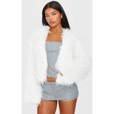PrettyLittleThing Cream Faux Fur Cropped Coat - White