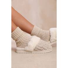 6.5 - White Slippers Where's That From Lounge Slip On Knitted Slippers With Fur Trim - White/Grey