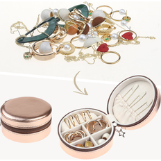 Unique Bargains Travel Jewelry Box for Women Girls Birthday Gifts, Round Portable PU Leather Jewelry Organizer Case for Earring Necklace Gold (10x10x5cm)